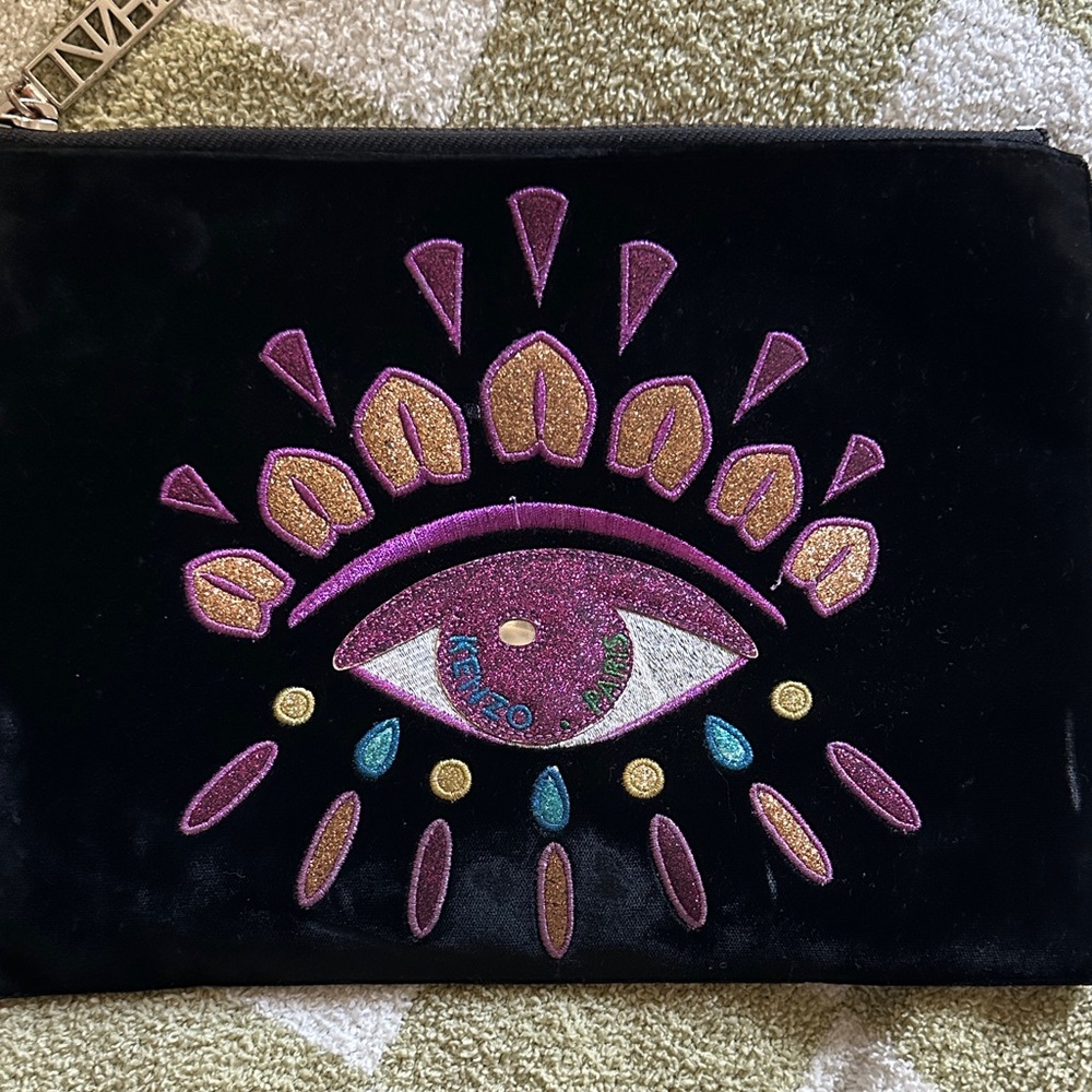 Kenzo Black Clutch with Purple and Gold Embroidery